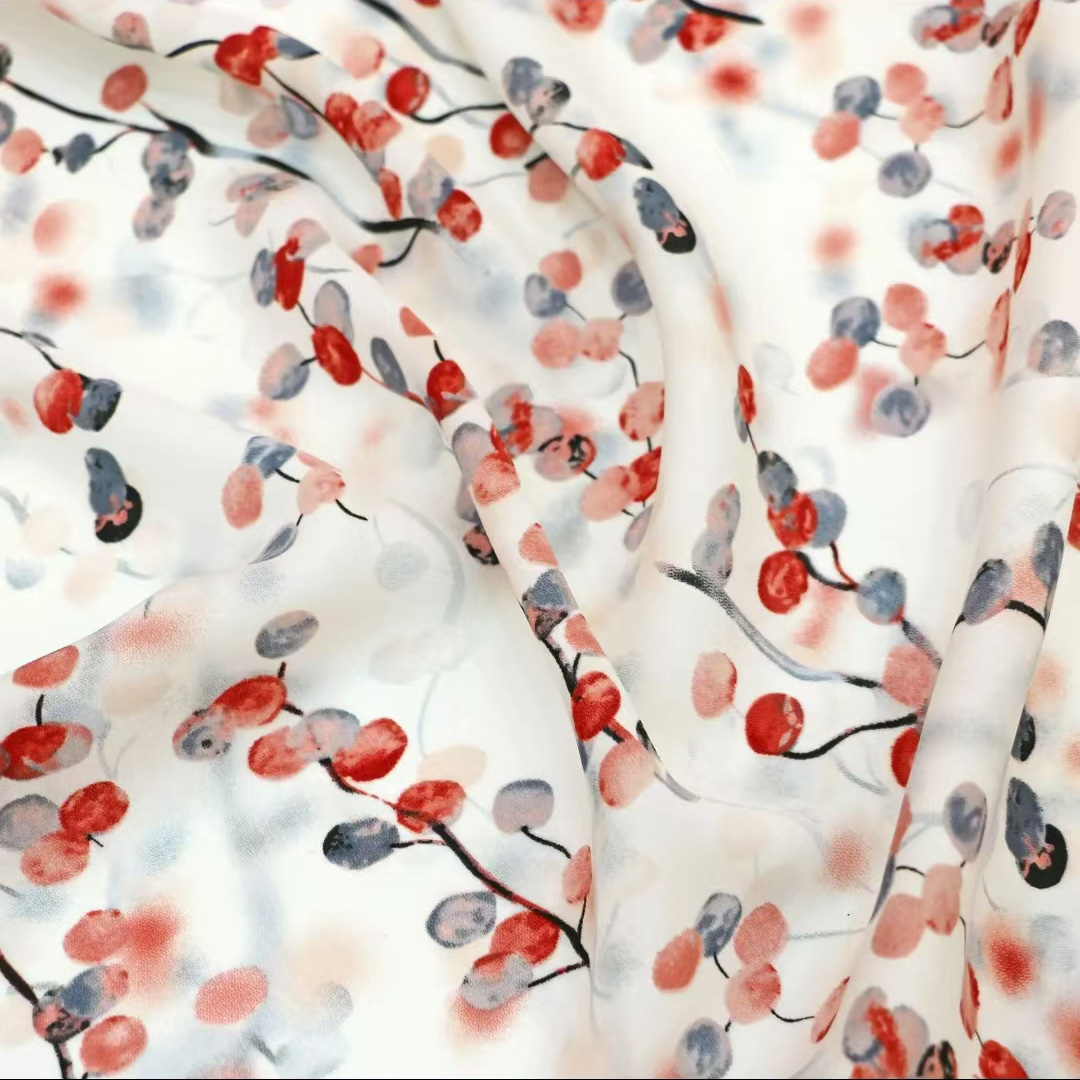 雪纺印花:100%polyester，75D，1800，克 重:65g，门幅:150cm
